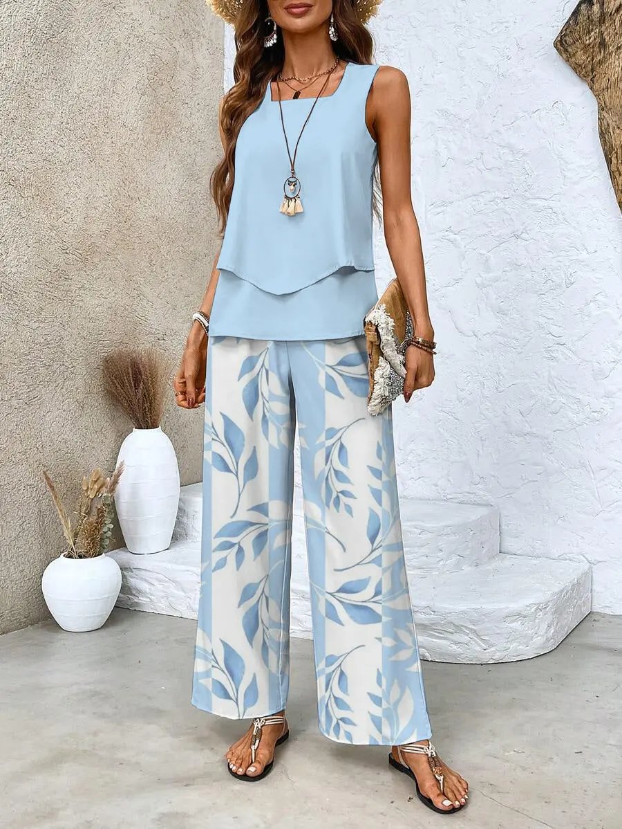 Plus Size Women's Layered Top & Wide-Leg Trousers Set – Effortless Summer Style Powder Blue Leaf