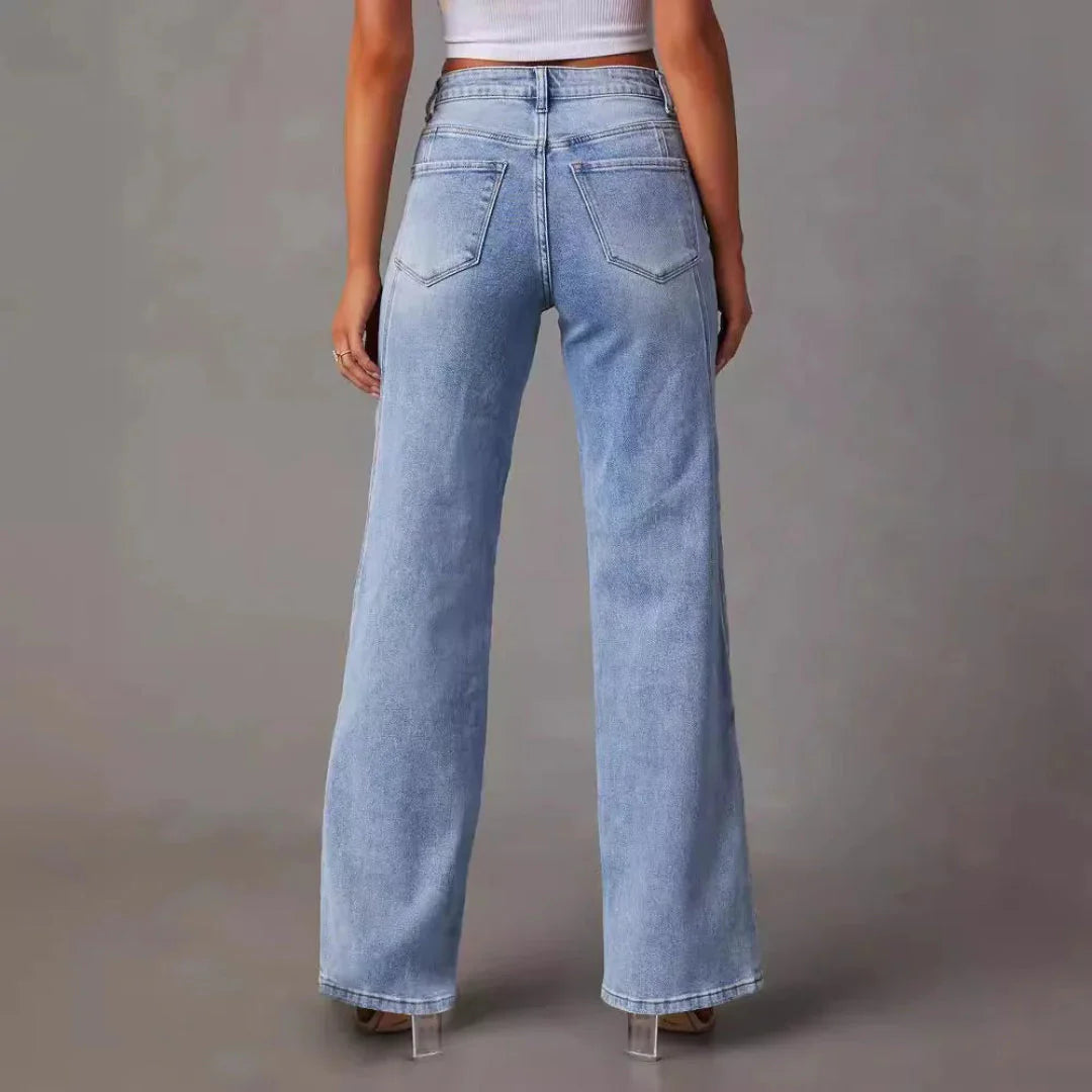 High Waist V-Seam Wide Leg Jeans-MODAUTLET