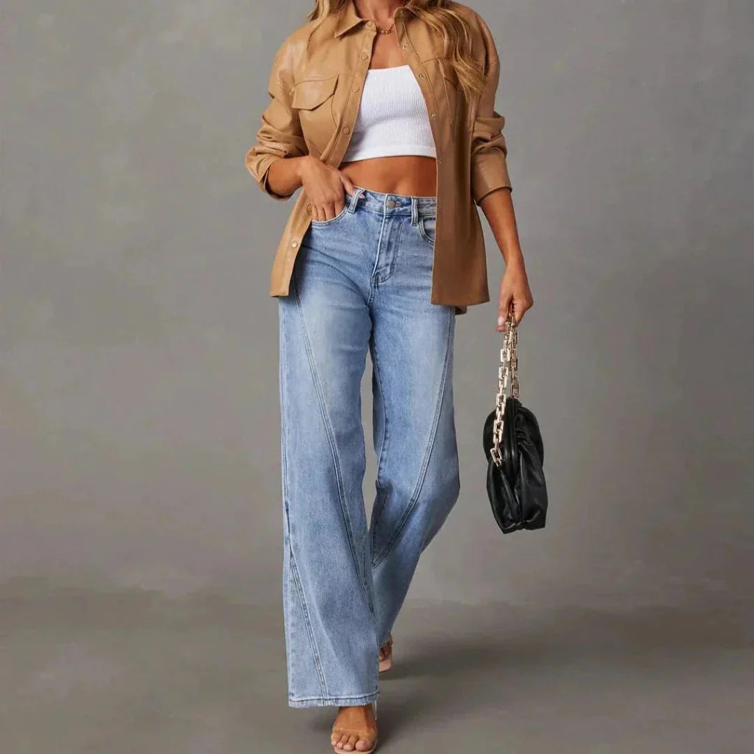 High Waist V-Seam Wide Leg Jeans-MODAUTLET