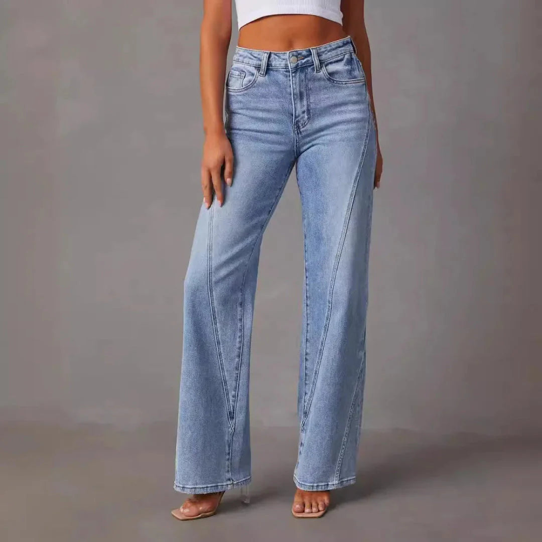 High Waist V-Seam Wide Leg Jeans Blue