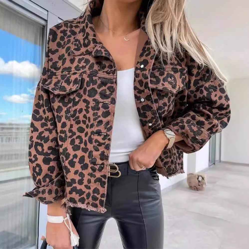 Leopard Print Denim Jacket Women Slim Fit Casual Chic