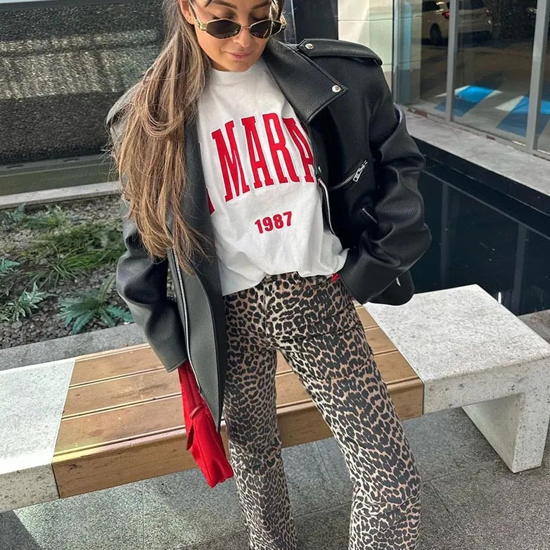 Jean taille haute pour femme à imprimé animalier