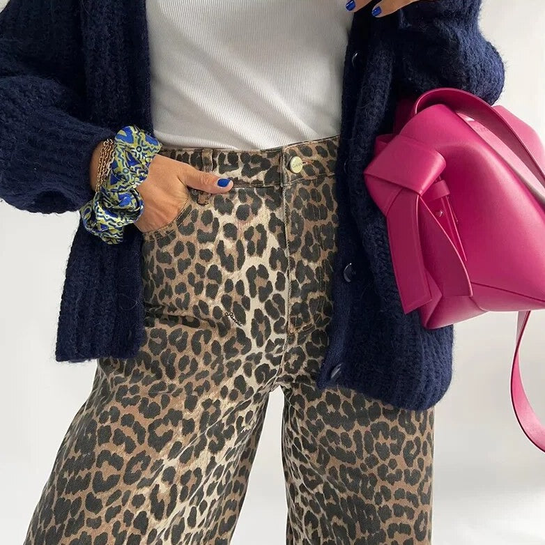 Jean taille haute pour femme à imprimé animalier