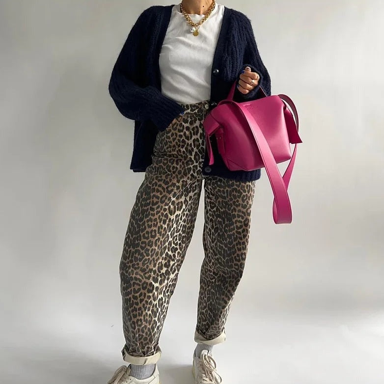 Jean taille haute pour femme à imprimé animalier