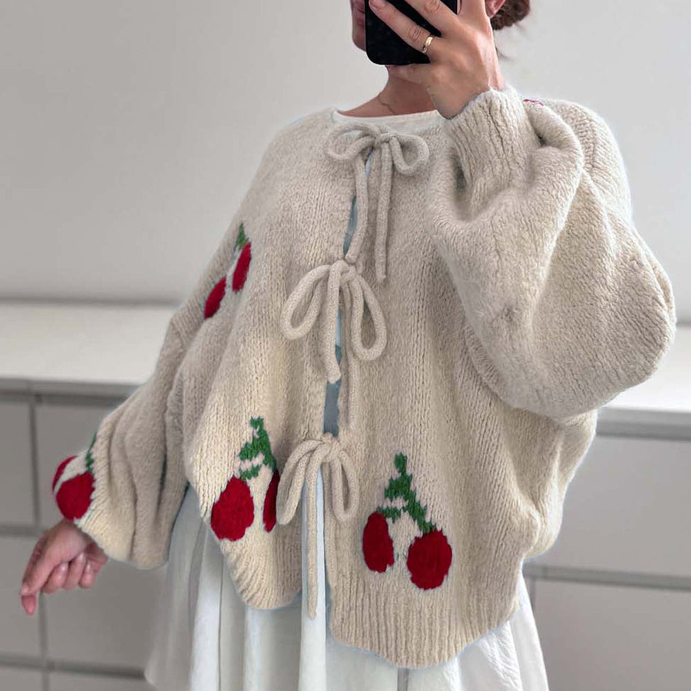 Lightweight Knit Soft Beige Bow Tie Cardigan