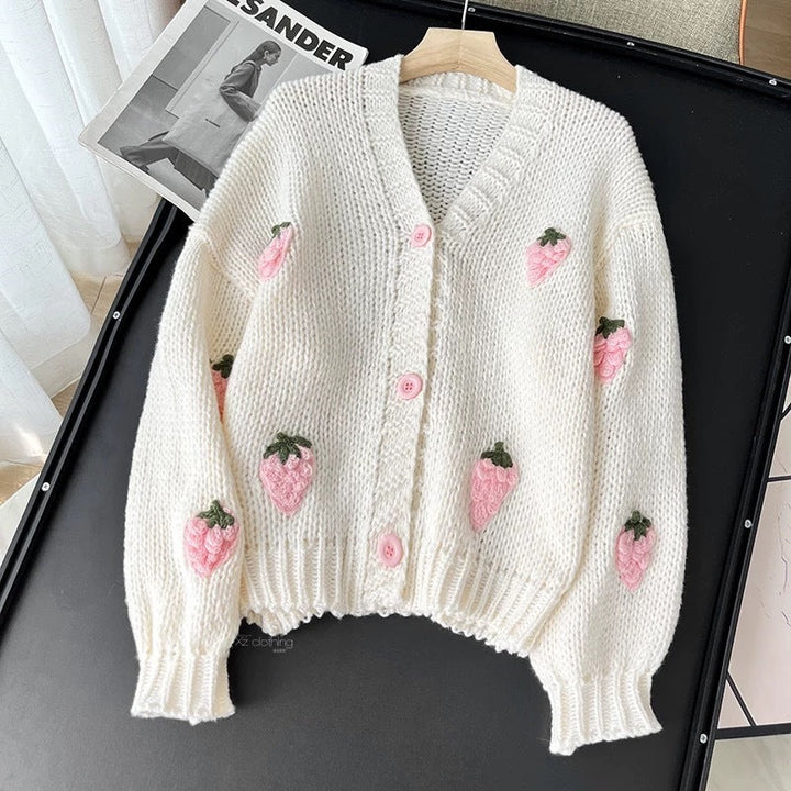 Lightweight V-Neck Knit Cardigan for Women Pink Free Size