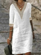 Women's Linen Blend V-Neck Dress – Chic & Comfortable Summer Essential White