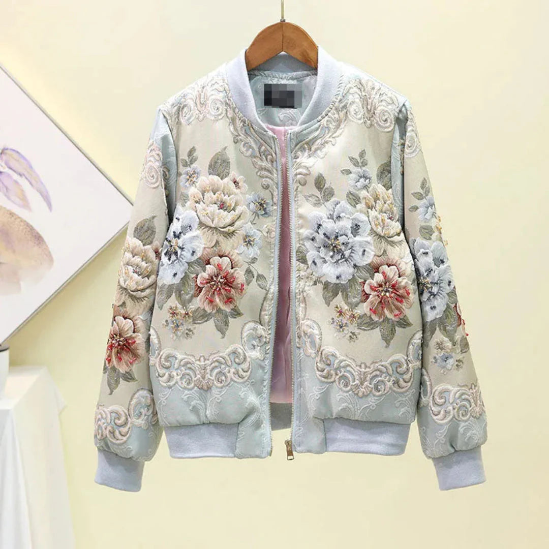 Embroidered Floral Bomber Jacket Blue