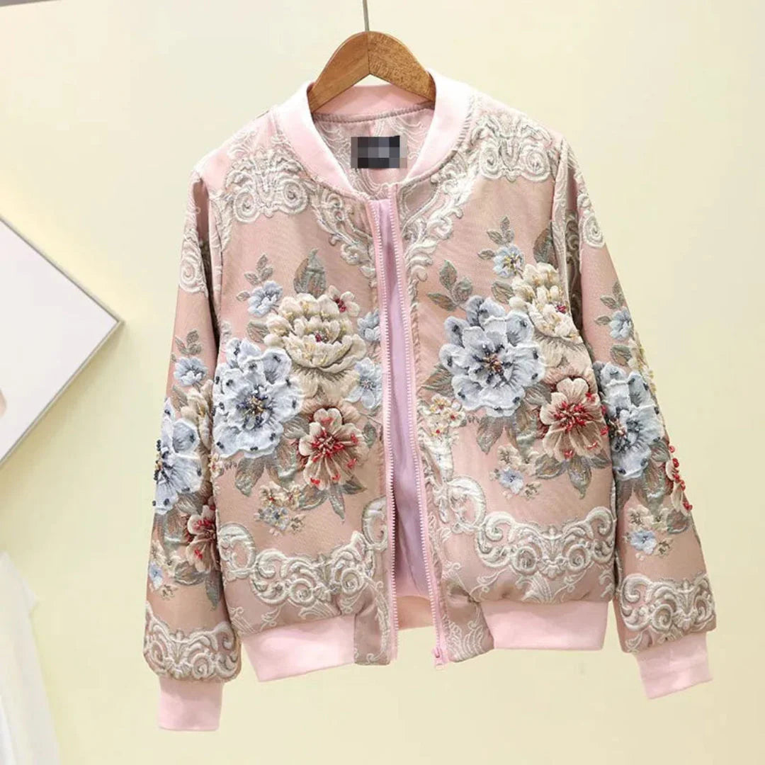 Embroidered Floral Bomber Jacket Pink