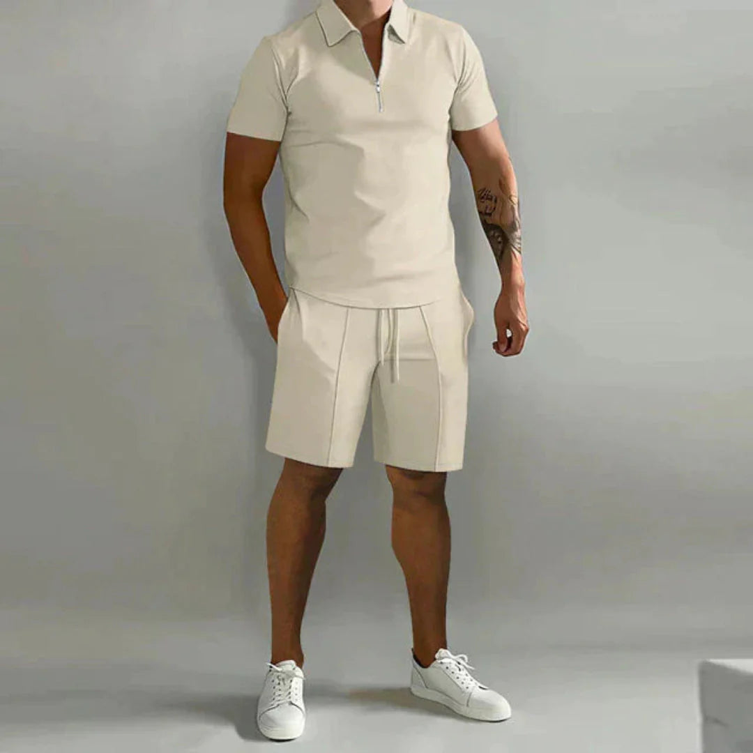 Zip Polo and Shorts Set for Men Khaki