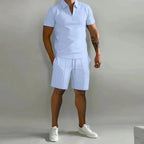 Zip Polo and Shorts Set for Men Light Blue