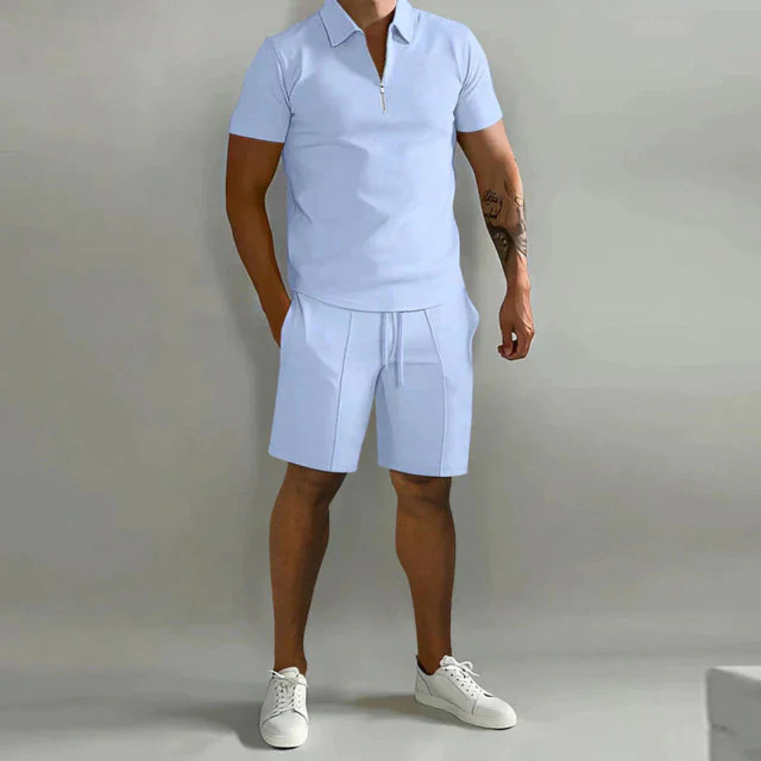 Zip Polo and Shorts Set for Men Light Blue