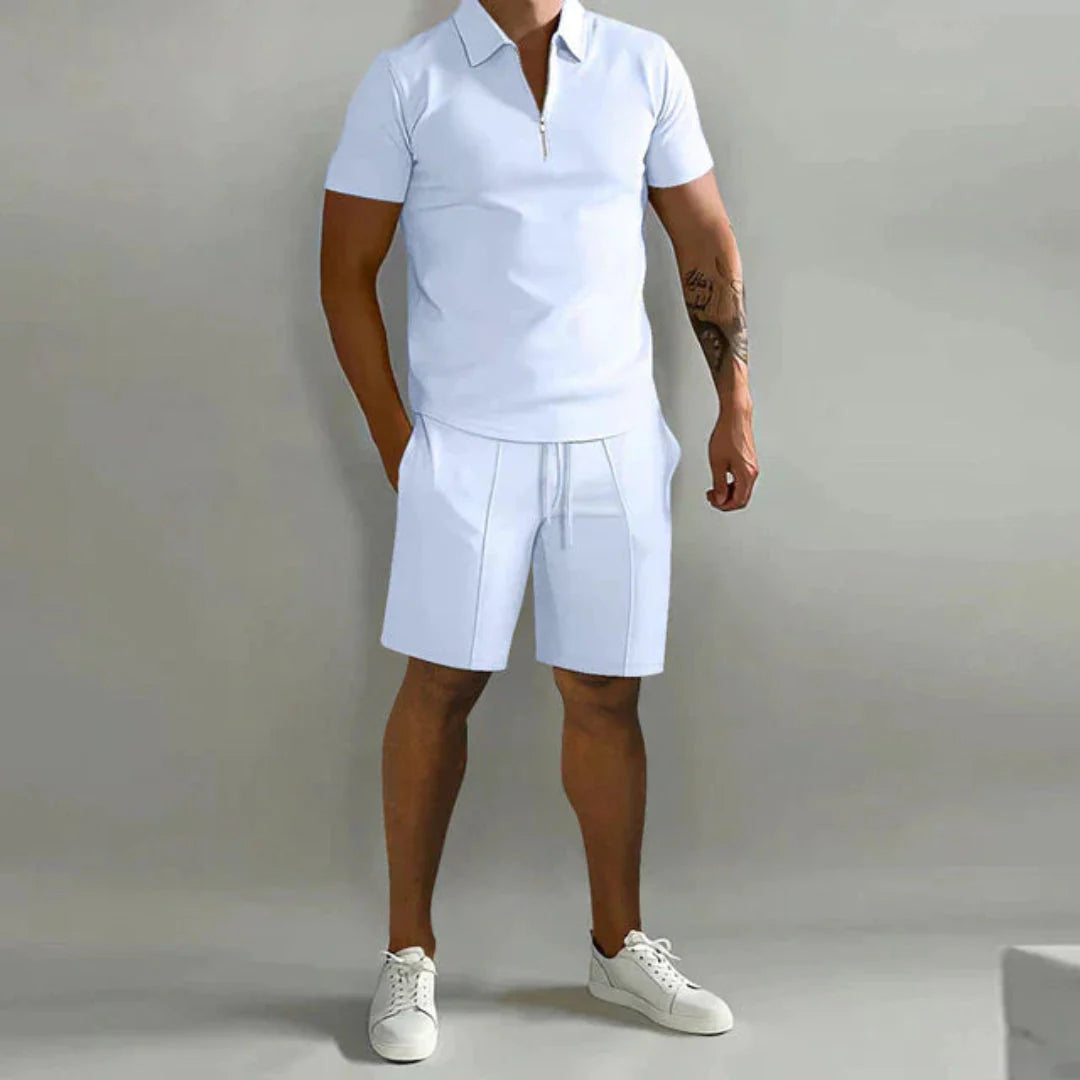 Zip Polo and Shorts Set for Men White