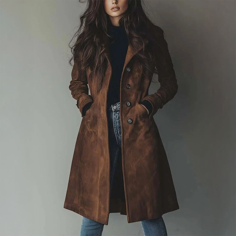 Manteau long pour femme en suède à boutonnage simple