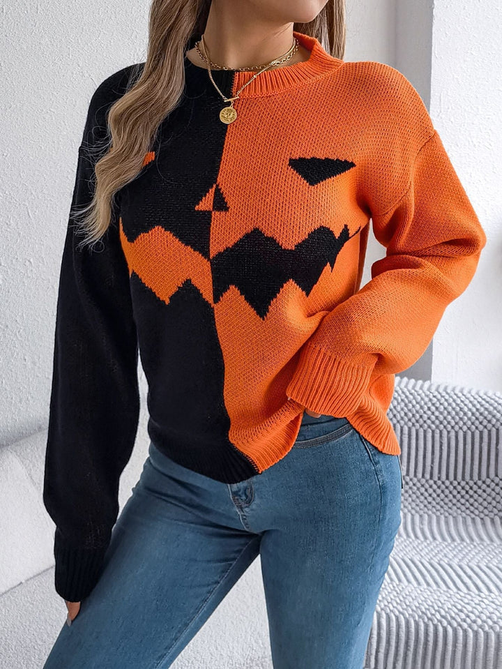 Camisola de Malha do Halloween com Abóbora Jack O' Lantern, Punhos Canelados e Comprimento Midi