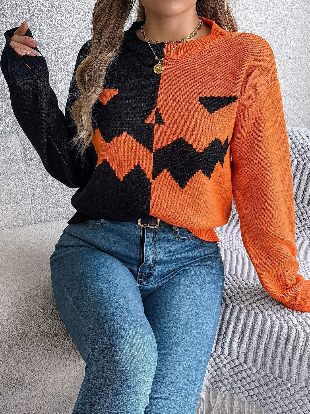Camisola de Malha do Halloween com Abóbora Jack O' Lantern, Punhos Canelados e Comprimento Midi