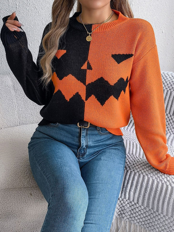Camisola de Malha do Halloween com Abóbora Jack O' Lantern, Punhos Canelados e Comprimento Midi