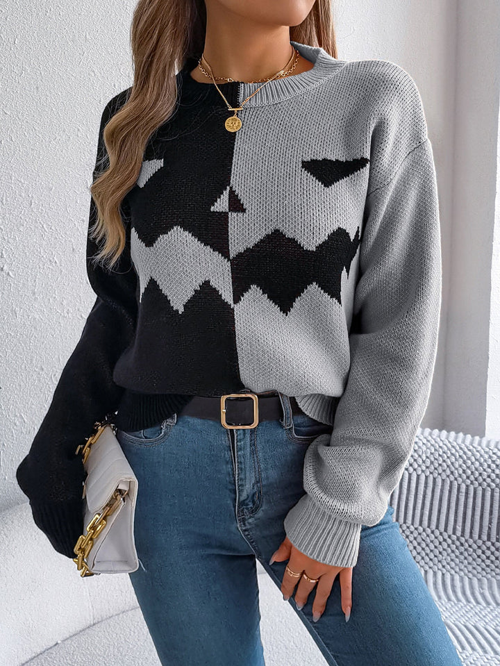 Camisola de Malha do Halloween com Abóbora Jack O' Lantern, Punhos Canelados e Comprimento Midi