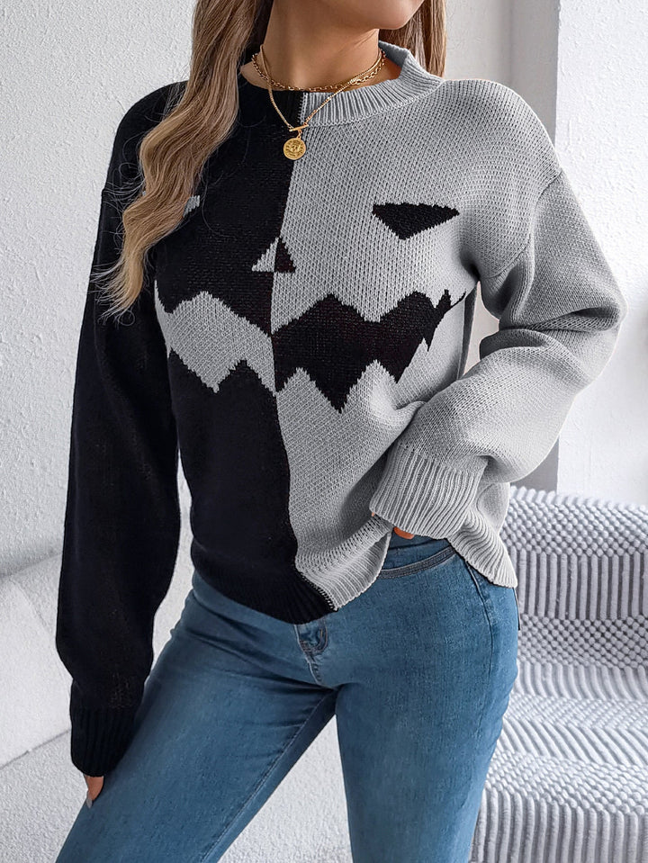 Camisola de Malha do Halloween com Abóbora Jack O' Lantern, Punhos Canelados e Comprimento Midi