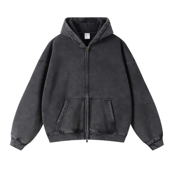 Luxury Batik‑Wash Full‑Zip Street Hoodie Black