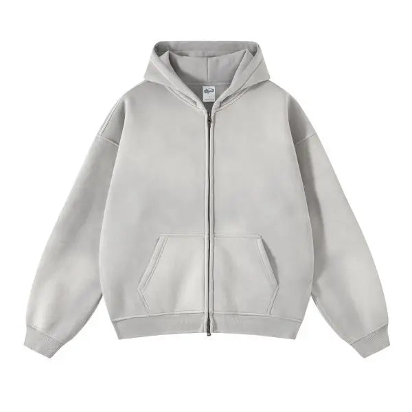 Luxury Batik‑Wash Full‑Zip Street Hoodie Grey