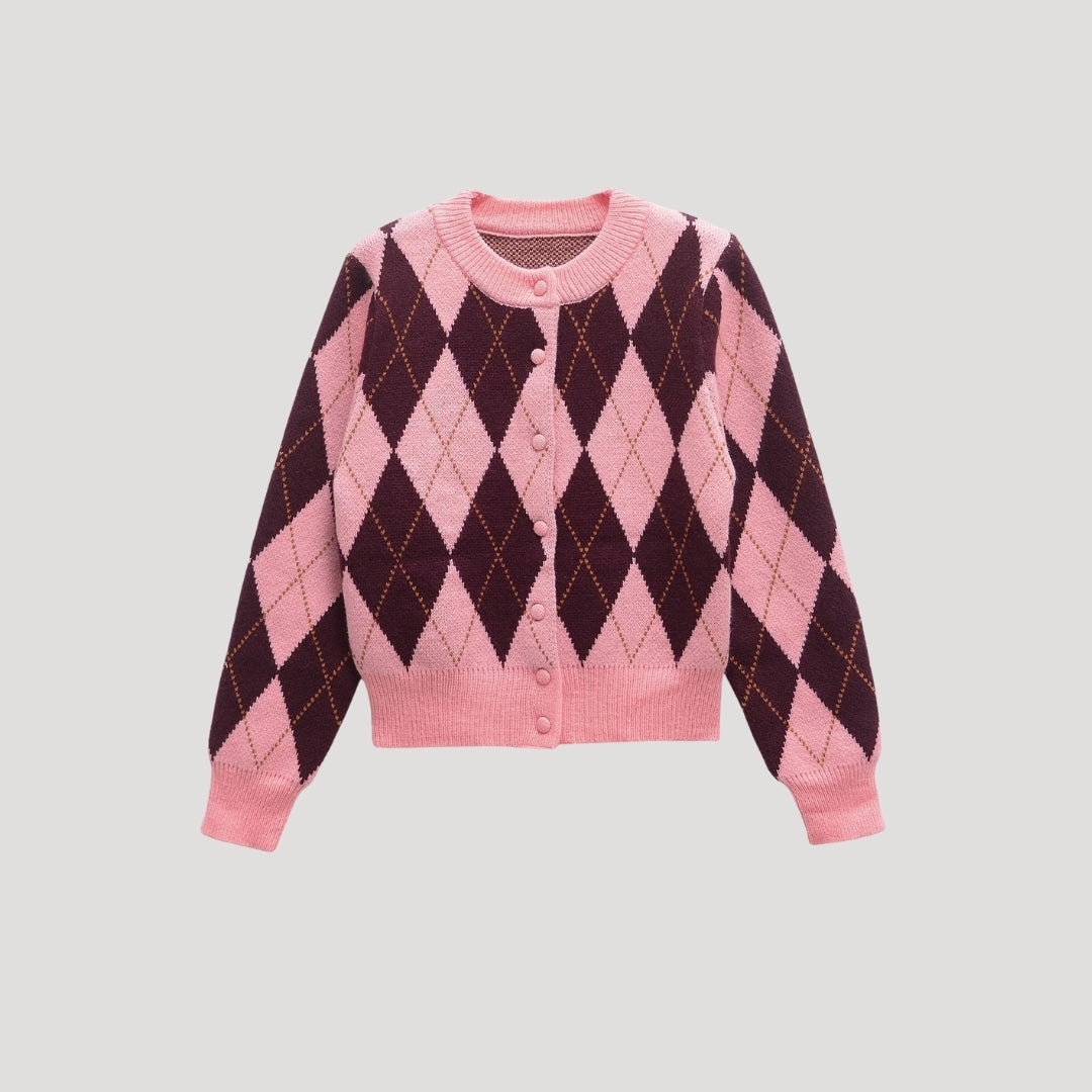 Damen-Strickjacke aus Argyle-Strick mit verkürzter Passform