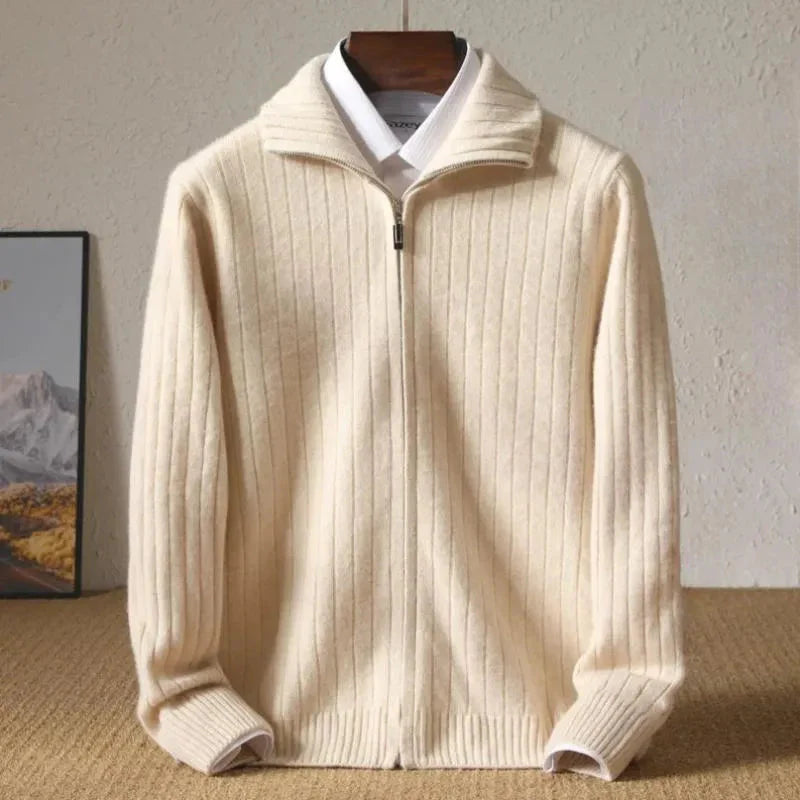 Ribbed Zip-Up Wool Cardigan Beige