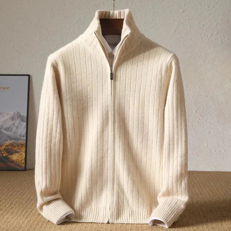 Ribbed Zip-Up Wool Cardigan