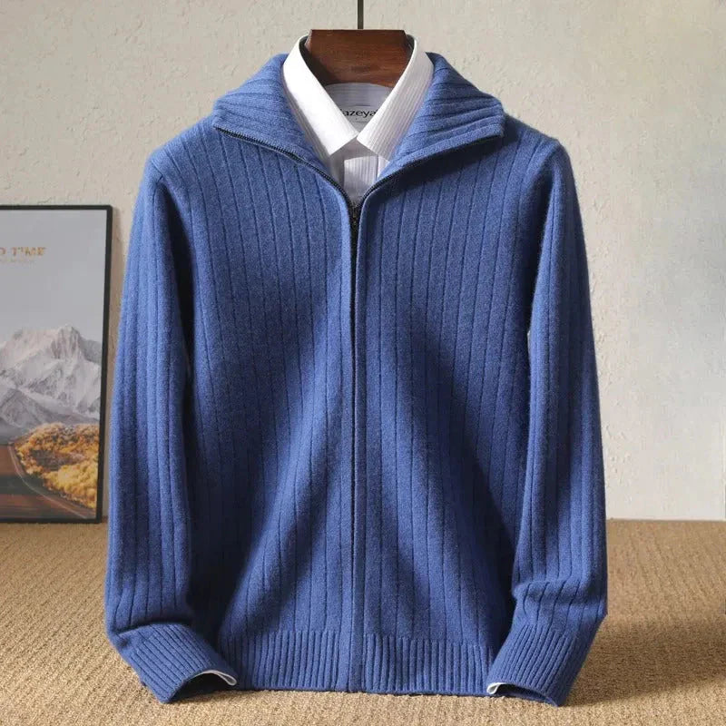 Ribbed Zip-Up Wool Cardigan Blue