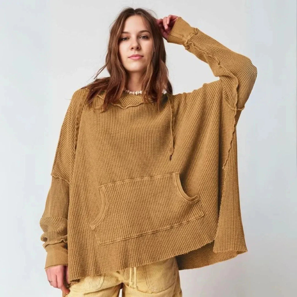 Oversized Waffle-Knit Hoodie Coffee