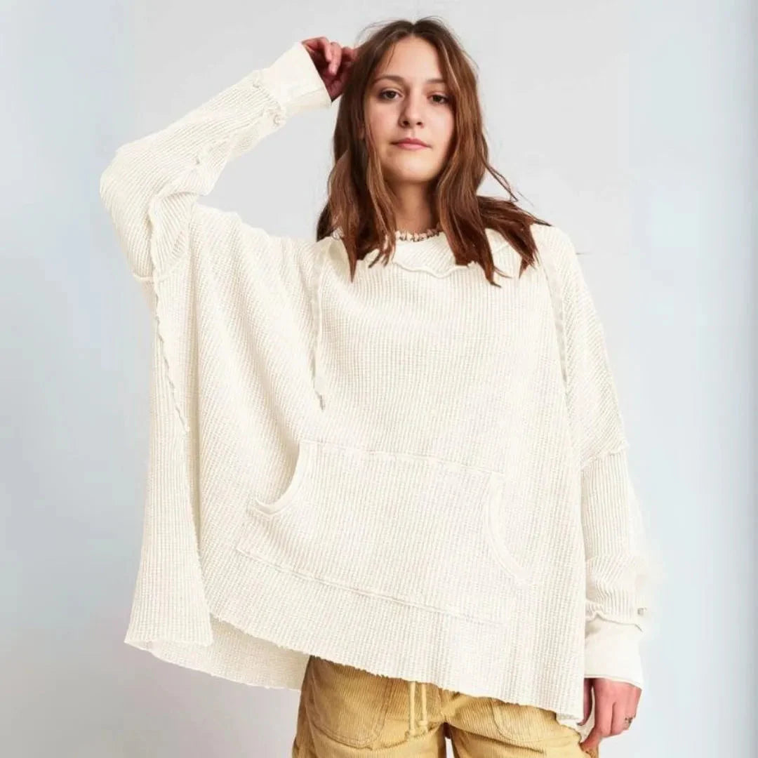 Oversized Waffle-Knit Hoodie Cream