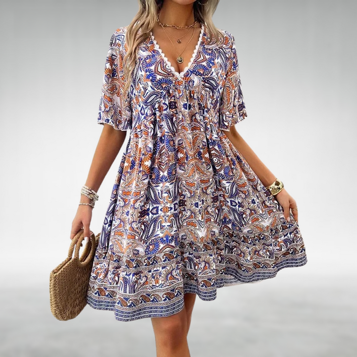 Jessica | Robe mini à col en V imprimée bohème pour femme