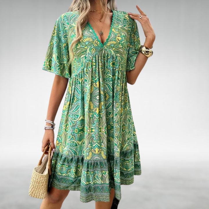 Jessica | Robe mini à col en V imprimée bohème pour femme