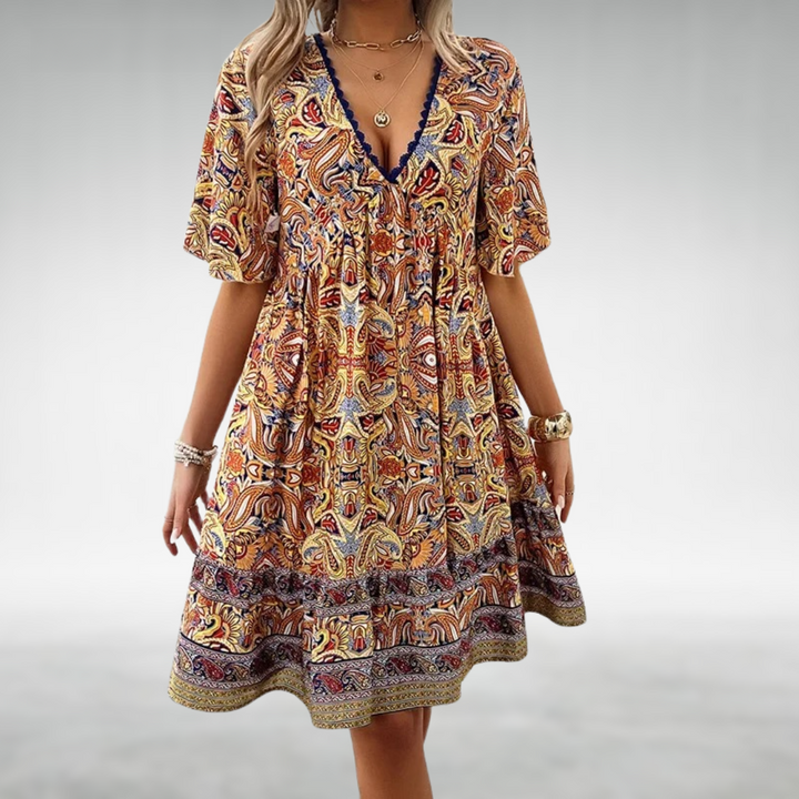 Jessica | Robe mini à col en V imprimée bohème pour femme