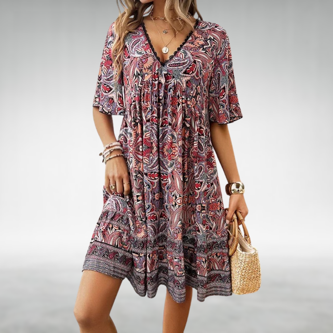 Jessica | Robe mini à col en V imprimée bohème pour femme
