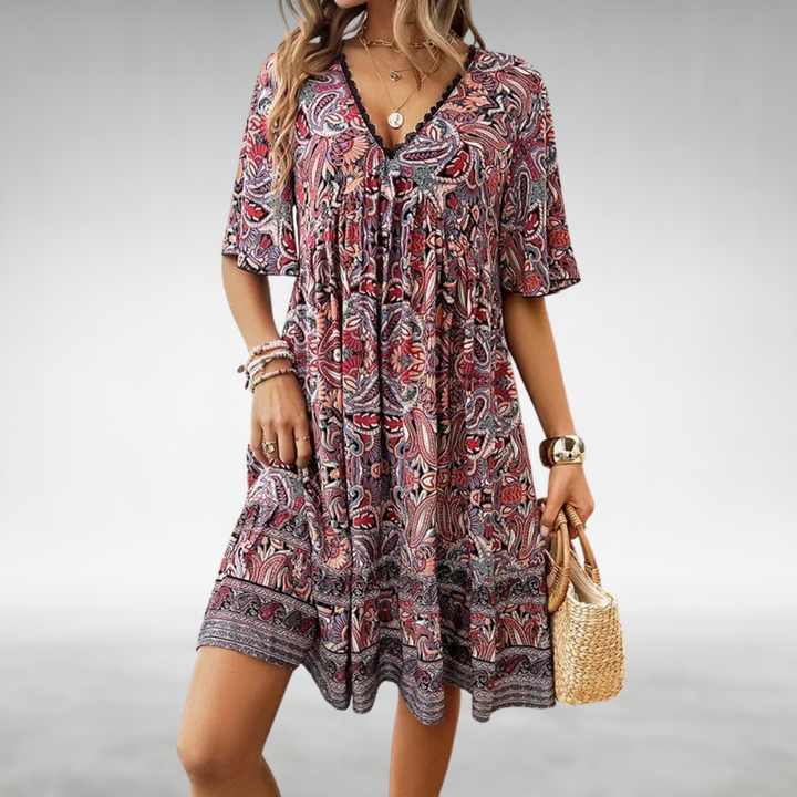 Jessica | Robe mini à col en V imprimée bohème pour femme