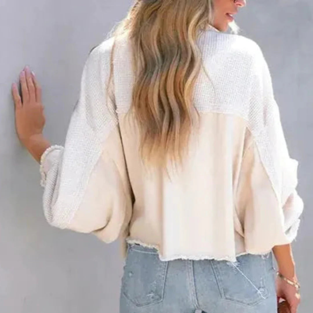 Patchwork Denim Jacket with Waffle-Knit Design