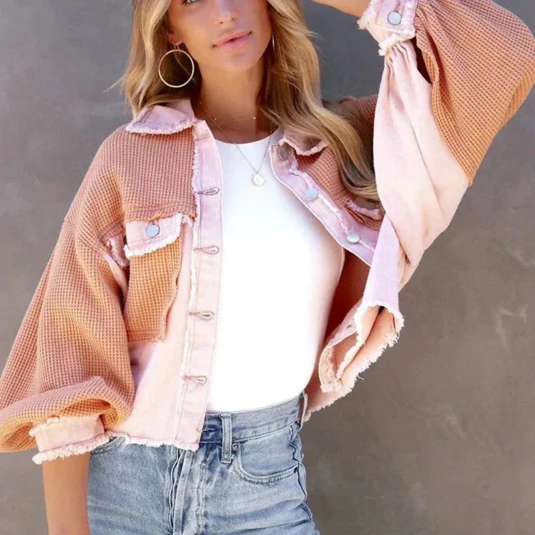 Patchwork Denim Jacket with Waffle-Knit Design