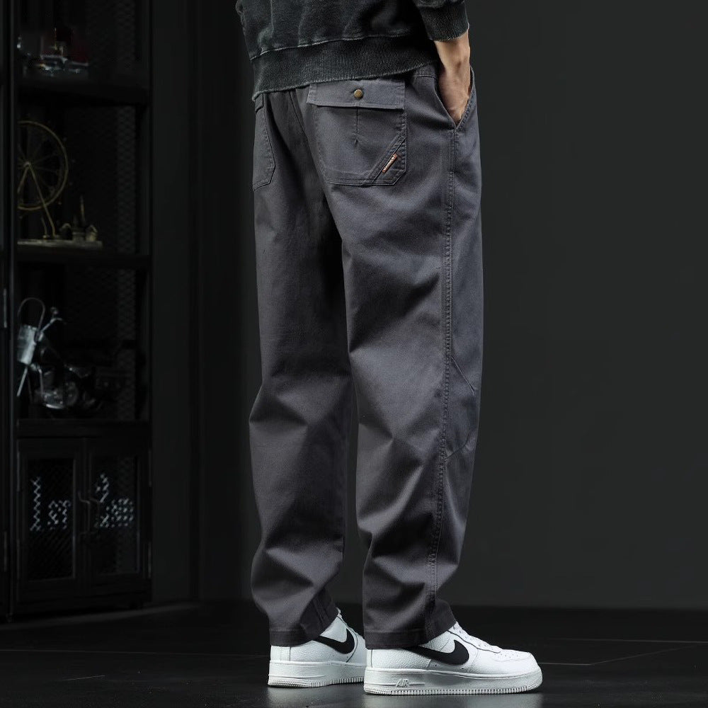 Men's Elastic Waist Canvas Pants with Rear Flap Pockets-MODAUTLET