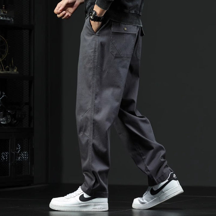 Men's Elastic Waist Canvas Pants with Rear Flap Pockets-MODAUTLET