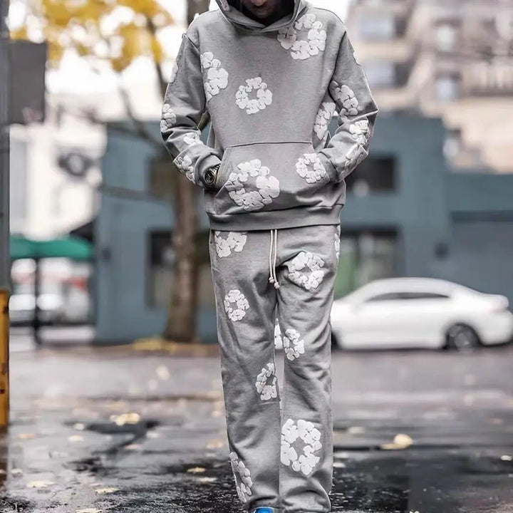 Denim Printed Tracksuit Set for Men & Women – Casual Streetwear Outfit Grey suit