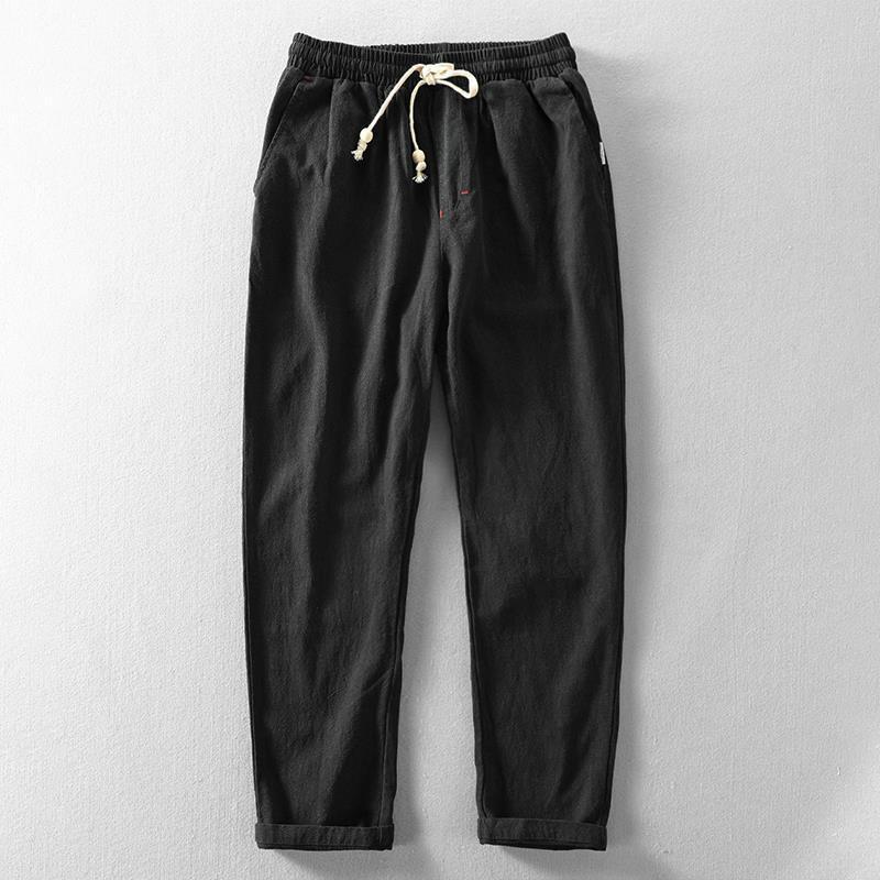 Men's Lightweight Cotton Linen Blend Drawstring Trousers Black