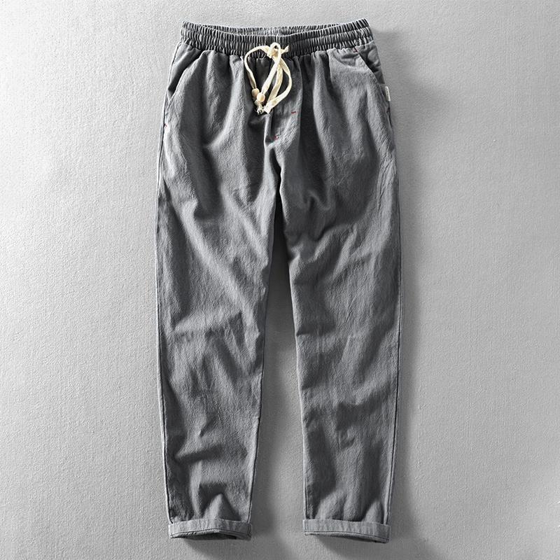 Men's Lightweight Cotton Linen Blend Drawstring Trousers Dark Gray