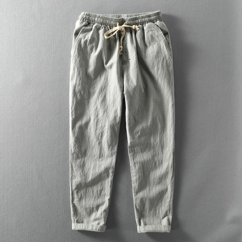 Men's Lightweight Cotton Linen Blend Drawstring Trousers-MODAUTLET