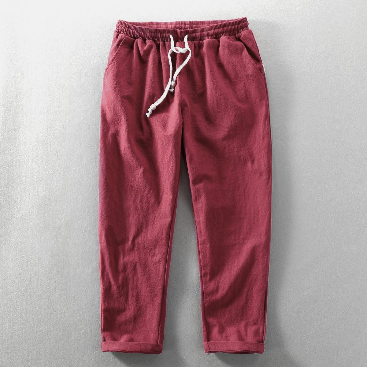 Men's Lightweight Cotton Linen Blend Drawstring Trousers Red