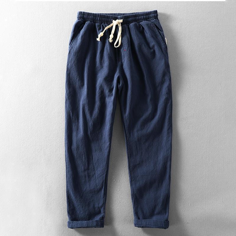 Men's Lightweight Cotton Linen Blend Drawstring Trousers Blue