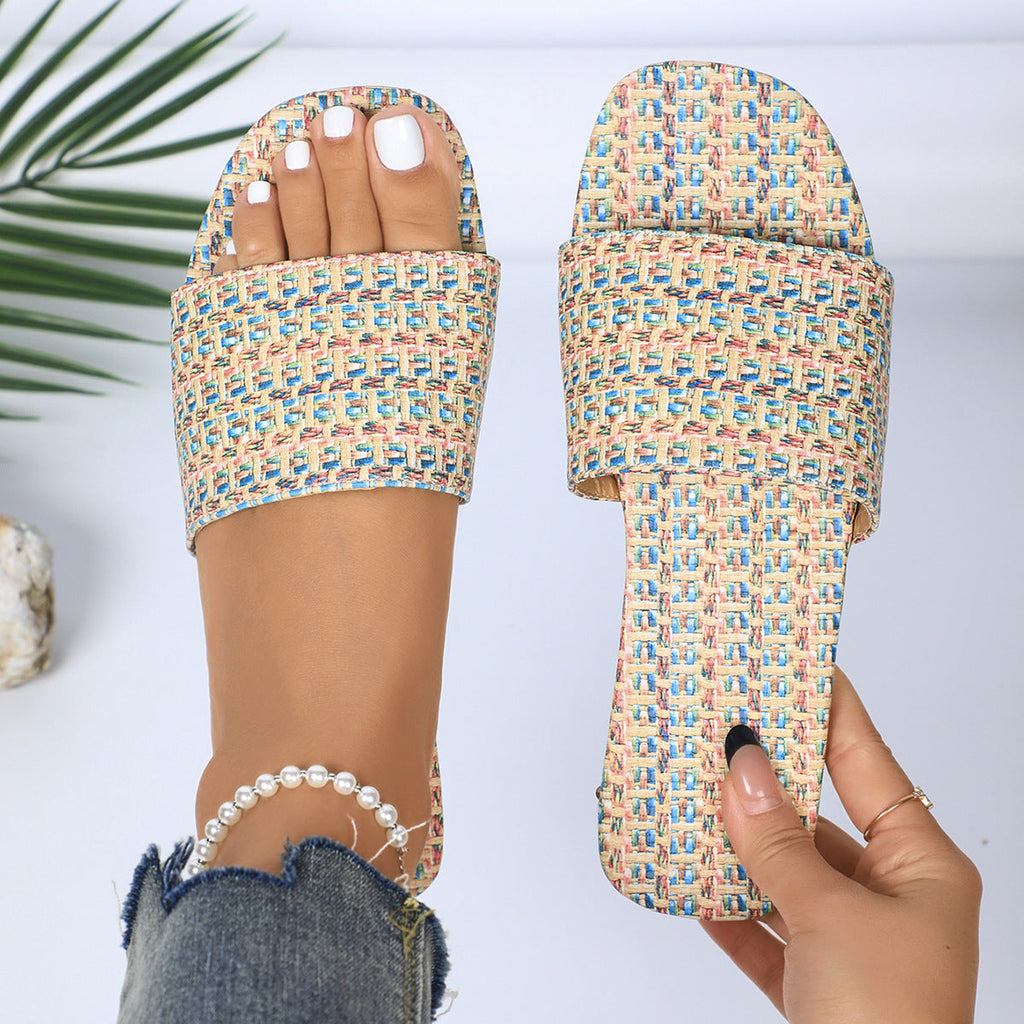 Women's Stylish Woven Flats Beige Multi-Color