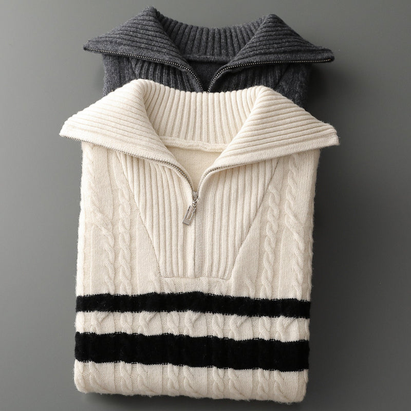 Men's Cozy Cable Knit Striped Quarter-Zip Sweater – Stylish Comfort