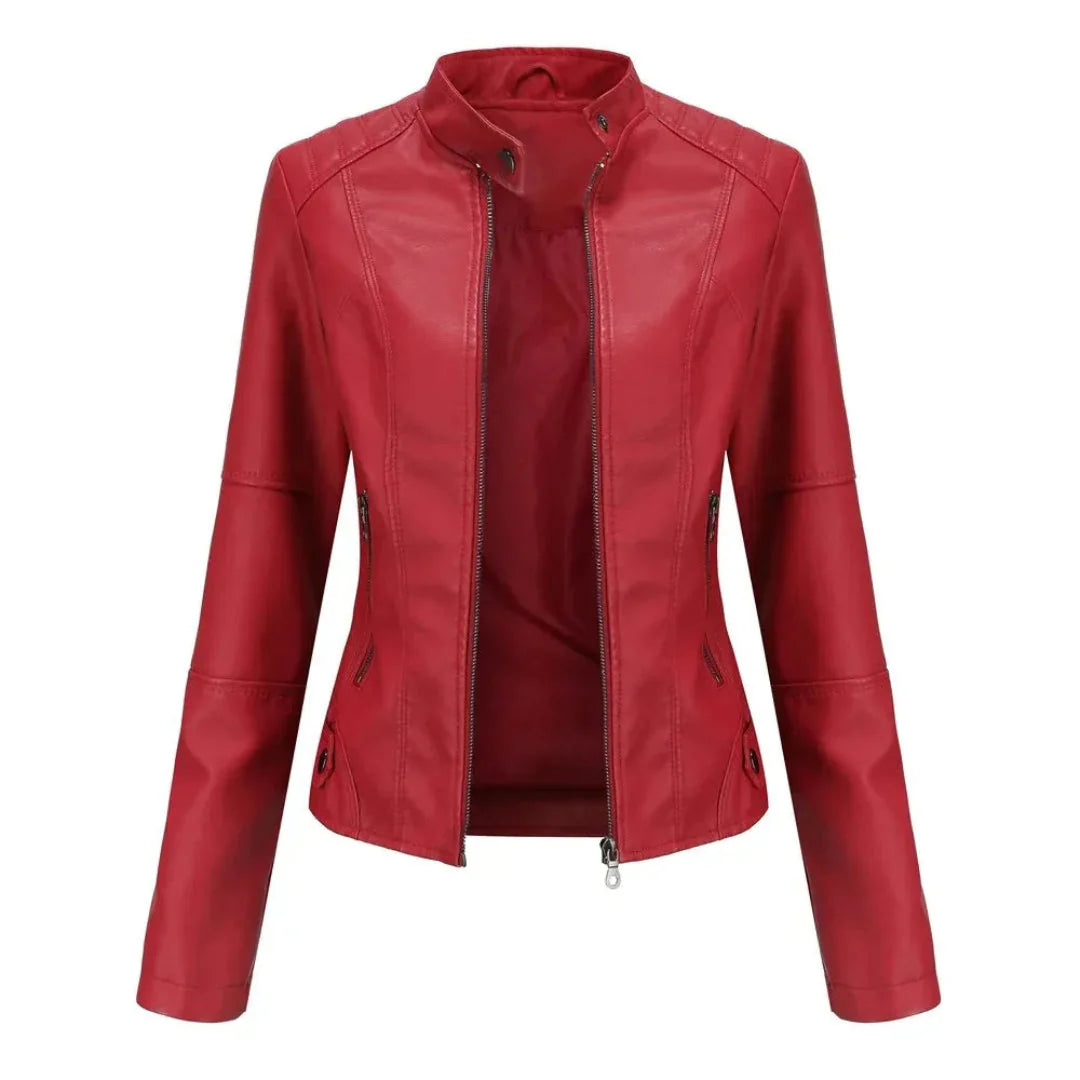 Mandarin Collar Leather Jacket Wine Red