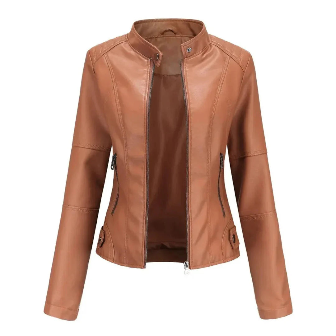 Mandarin Collar Leather Jacket Camel